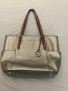 Michael Kors Metallic Gold Saffiano Signature Logo Leather Shoulder Bag  Jet Set